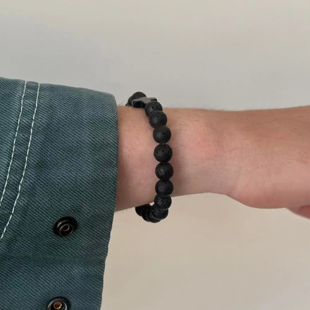 Y2K Black Lava Stone Cross Bracelet Unisex Stretch Minimalist Beaded Accessory